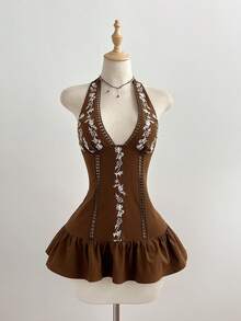 Elamini Women's Summer Beach Vacation Floral Embroidery Knot Halter Ruffle Hem Dress - Brown - View 3