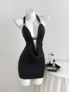 Elamini Women's Black Minimalist Casual Sexy Draped Neck Lace Trim Fitted Mini Dress Black Club Dress Sexy Black Dress For Women Black Cut Out Dress Criss Cross Dress Black Vacation Dress - Black - View 3