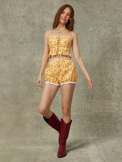 WESTFADE 100% Cotton Cherry Print Gingham & Eyelet Mid Rise Ruffle Bloomer Shorts Spring, Summer, Resort Wear, Cute, Casual, Coastal Cowgirl, Boho, Farmers Market, Vacation, Beach, Festival, Western Wear