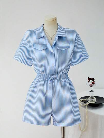 SHEIN Tween Girls Casual Striped Short Sleeve Jumpsuit With Collar And Elastic Waist, Suitable For Daily Wear, Vacation And Gatherings