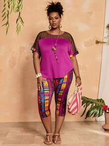 EMERY ROSE Conjunto de 2 piezas talla grande para mujer - Top de manga corta con parches de malla y leggings - Multicolor - Ver 5