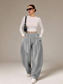 SHEIN Tall 女士休闲保暖舒适法式灰色弹力腰带弧形裤脚长裤，适合春夏街头服饰和运动装 - 淺灰色 - 查看 7