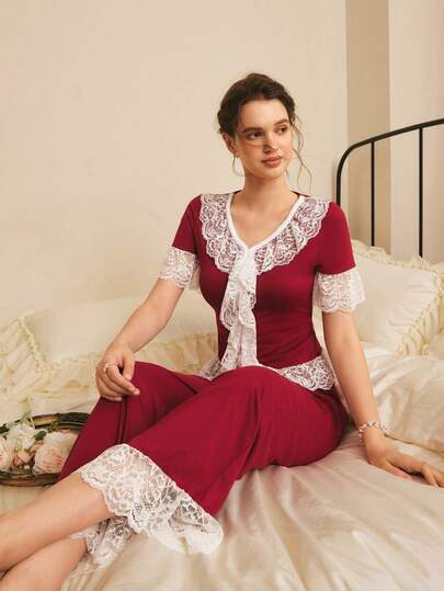 Elegant French Lace Patchwork Burgundy Comfortable High-Quality A-Line Ladies Sleepwear Set, Suitable For Wedding Season
