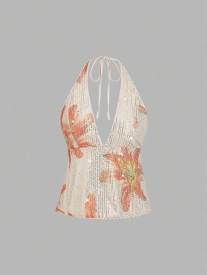 Sweetra Sexy Backless Sequin Flower Design Halter Neck Casual Camisole For Women, Minimalist Style Suitable For Work And Daily Wear