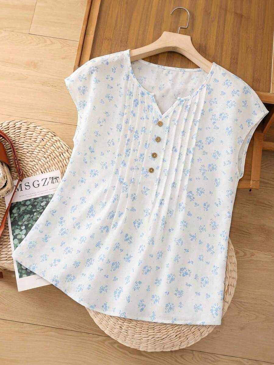 EMERY ROSE Women's Casual Ditsy Floral Notch Neck Batwing Sleeve Pleated Loose Blouse, Suitable For Beach & Holiday - White - View 1