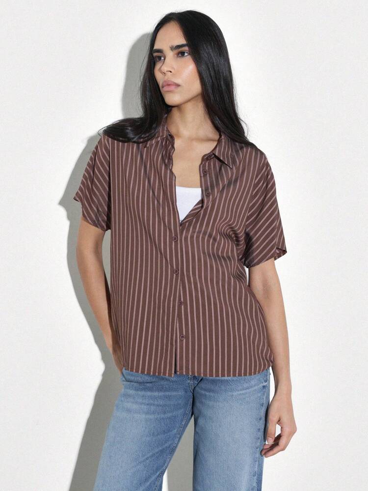 KSTM Women's Brown Vertical Striped Cap Sleeve Button Down Collared Shirt Relaxed Fit Casual Office Blouse Summer Work Top