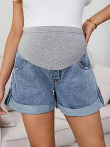 SHEIN Maternity Denim Shorts For Women,Blue Summer Smart Casual Over Belly Stretch Jean Shorts,Patchwork Pocket Folded Hem Button Detail Comfortable Jorts - Blue - View 6