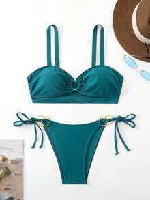 Swim Chiccia 2件套新款可调节加厚肩带纯绿色性感优雅比基尼泳衣套装，适合海滩、泳池、派对、圣诞节等场合。 - 水鴨藍 - 查看 3