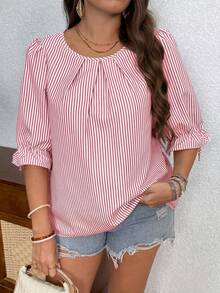EMERY ROSE Striped Round Neck Cuff Tie Back Decor Button Plus Size Shirt - Red - View 4
