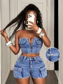 Slaydiva 大码女式牛仔上衣，拉链设计，短款，蓝色，Y2K街头风，适合约会和外出。夏季海滩休闲上衣。 - 淺色水洗藍 - 查看 1