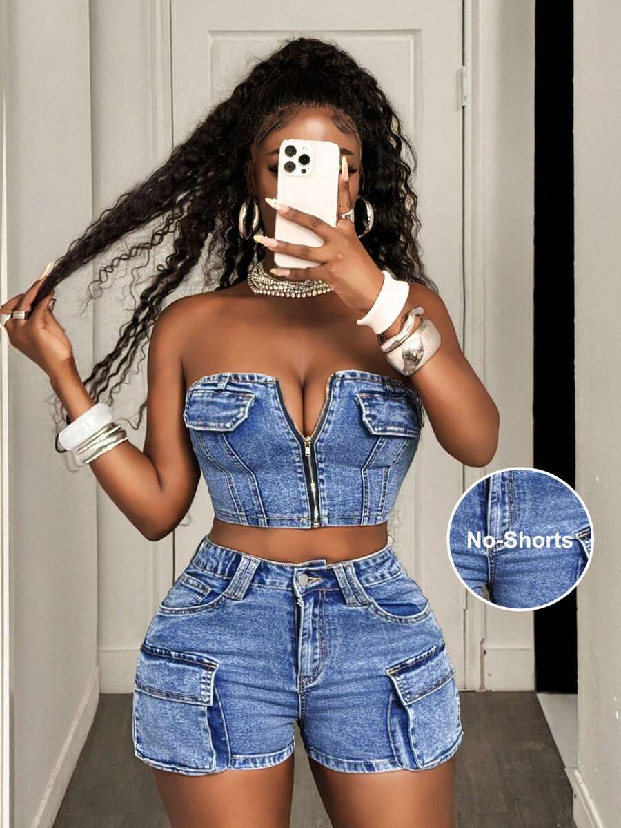 Slaydiva 大码女式牛仔上衣，拉链设计，短款，蓝色，Y2K街头风，适合约会和外出。夏季海滩休闲上衣。 - 淺色水洗藍 - 查看 1