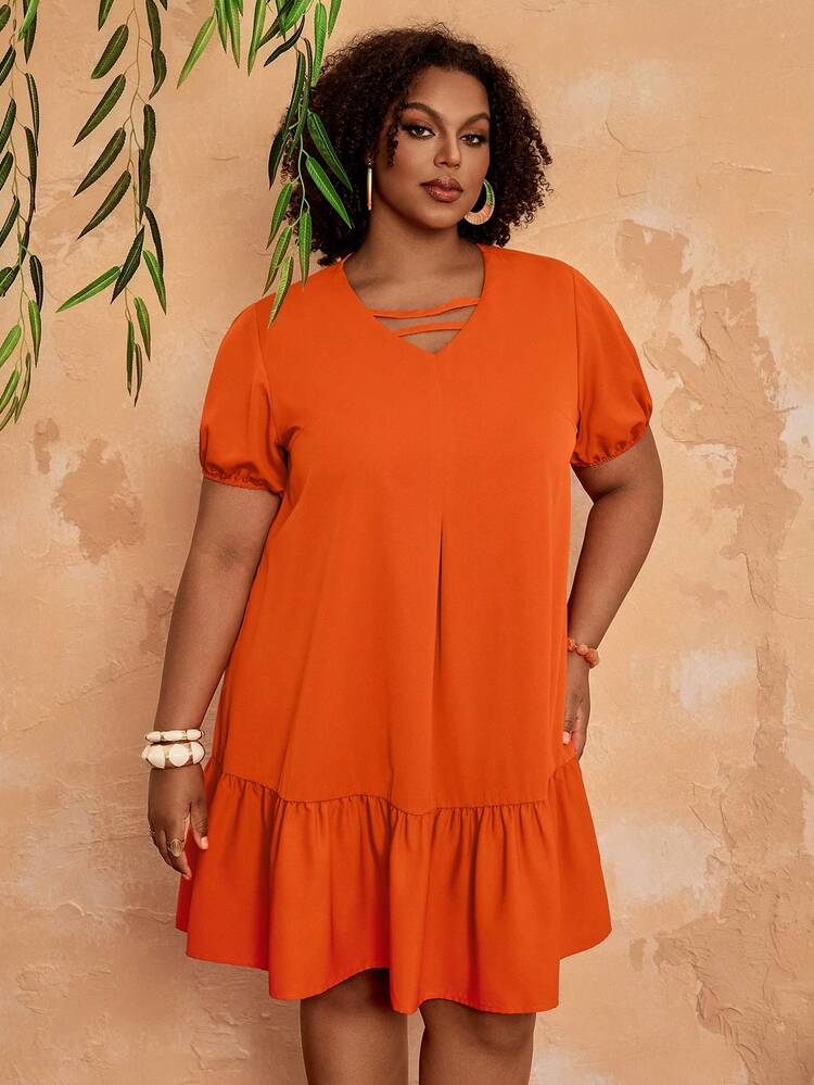 Plus Size Women Solid Color V-Neck Short Petal Sleeve Ruffle Hem Vacation Dress Women's Plus Size Dresses Women's Holiday Clothes Plus Size Dress Vacation Women's Summer Outfits Summer Outfits Summer Clothes Spring Dress Spring Outfit Women Spring Clothing Beach Vacation Outfits For Women Vacation Dress Bohemian Festival Outfits For Women Beach Outfits For Women