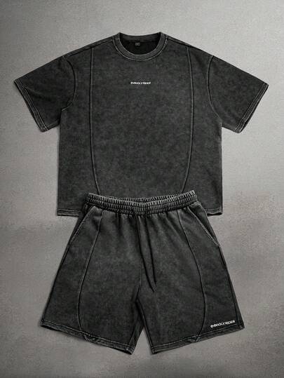 STYNVO 男士字母印花圆领短袖T恤和短裤休闲套装