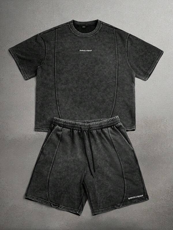 STYNVO 男士字母印花圆领短袖T恤和短裤休闲套装