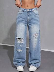 SHEIN ICON Women's Casual Fashion Street Daily Commute Distressed Loose Wide-Leg Jeans - Blue - View 1