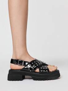 ROMWE Grunge Punk Women's Silver Criss-Cross Strap Roman Sandals, Punk Riveted Platform Wedge Summer Beach Vacation Shoes Y2K 2000s Style - Black shiny leather - View 4