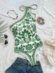 Soleia 新款度假针织印花不对称肩部蝴蝶结连体衣（女款） - 綠色 - 查看 1