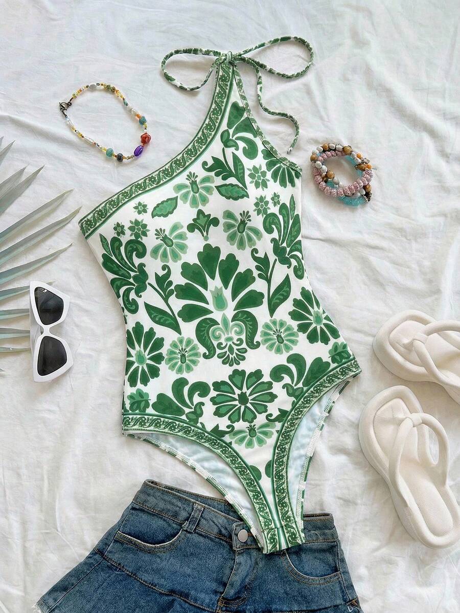 Soleia 新款度假针织印花不对称肩部蝴蝶结连体衣（女款） - 綠色 - 查看 1