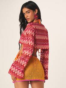 MISSGUIDED Women's Zig Zag Pattern Long Sleeve Crop Knit Top With Wide Bell Cuffs Casual Fall Fashion Pullover - Multicolor - View 2