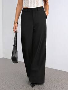 SHEIN Tall 女士浅杏色纯色斜纹布纽扣口袋简约低腰长裤，适合通勤、休闲、时尚外出、复古风、办公穿着、冬季女裤、阔腿裤、休闲裤 - 黑色 - 查看 11