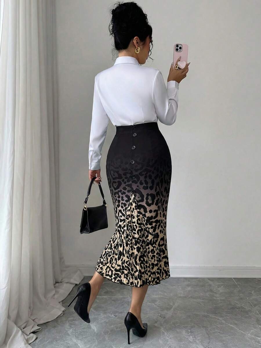 Elenzga Women's Elegant Fitted Ombre Leopard Print Pleated Skirt, Spring/Summer - Multicolor - View 1