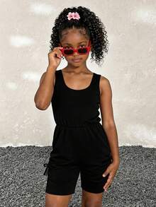 Sparklyn Mono informal de unicolor con volantes y lazo decorativo para niña preadolescente - Negro - Ver 1