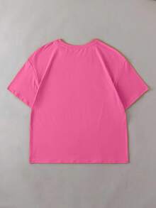 EMERY ROSE Summer Casual Letter Print Short Sleeve T-Shirt - Hot Pink - View 2