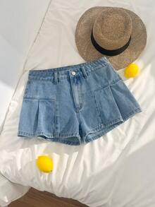 Comfortcana Shorts de mezclilla azul claro con cintura alta y plisados en línea A para mujeres, casual de verano para vacaciones y días festivos, shorts de mezclilla de corte holgado, primavera - Azul lavado medio - Ver 1