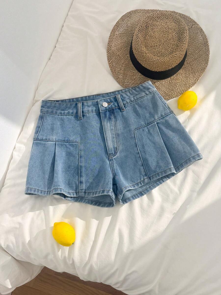 Comfortcana Shorts de mezclilla azul claro con cintura alta y plisados en línea A para mujeres, casual de verano para vacaciones y días festivos, shorts de mezclilla de corte holgado, primavera - Azul lavado medio - Ver 1