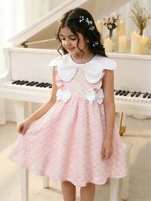 Summer 1pc Girls Textured Fabric Floral Asymmetrical Neckline Design Waist Big Bow Frill Trim A-Line Dress, Sweet & Cute For Daily Outing, Fresh Countryside Style Collar Dress Girls Bow Tie Dress For Big Girl Pink And White Bohemian - Pink - View 4