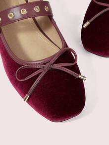 CUCCOO DOLLMOD 酒红色软底天鹅绒金属铆钉装饰芭蕾舞蝴蝶结平底休闲玛丽珍鞋 - 韓國絨酒紅 - 查看 8