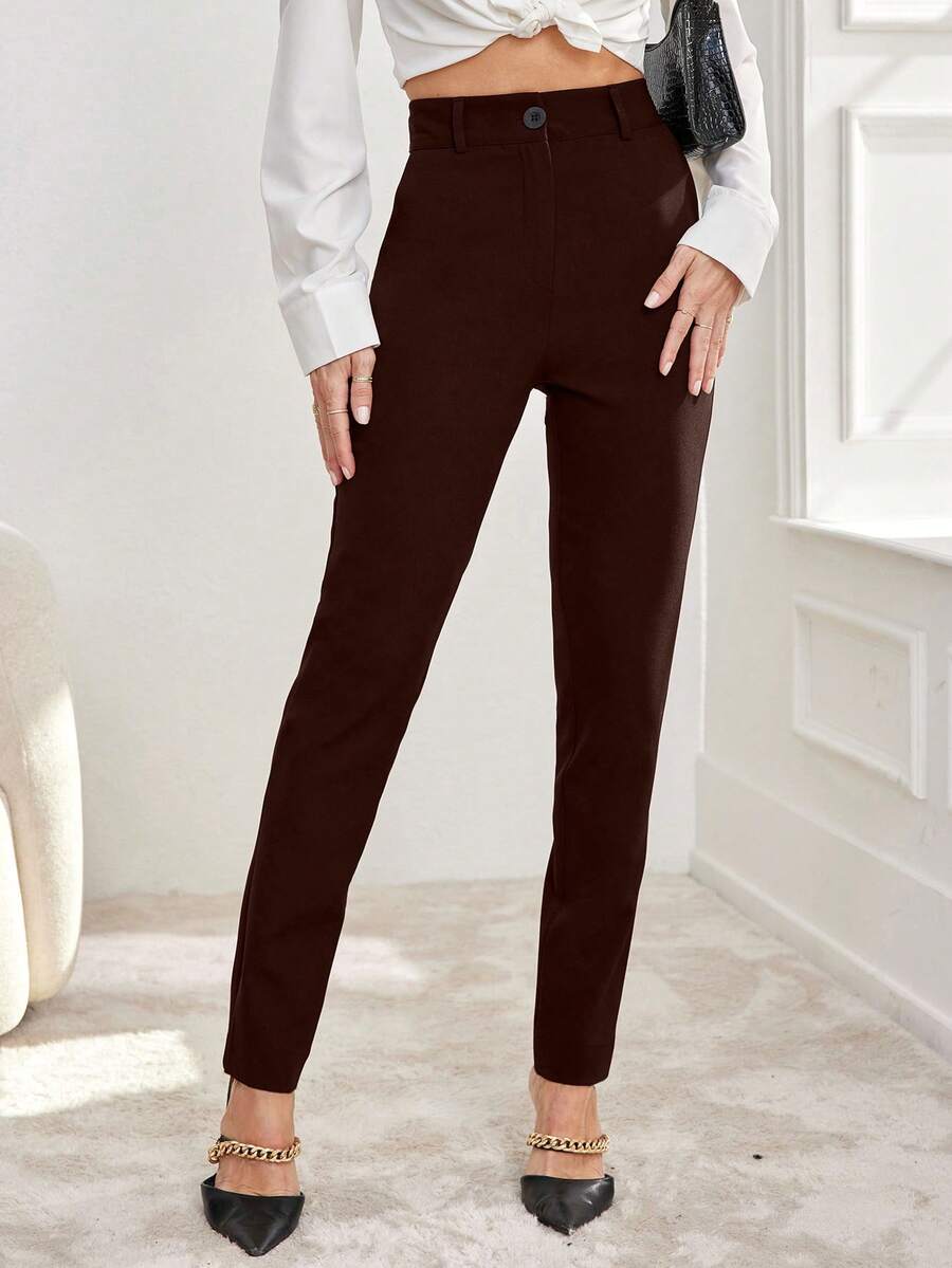 SHEIN Cottnline Solid Slant Pocket High Waist Suit Pants - Brown - View 1
