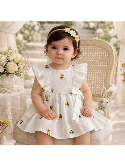 Loomiva 女婴编织花卉图案圆领荷叶边下摆休闲连衣裙