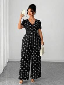 SHEIN Elenzya Plus Size V-Neck Butterfly Print Jumpsuit - Black - View 4