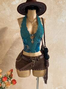 SHEIN WYWH Women's Vacation Beach Lace Patchwork Backless Halter Top - Multicolor - View 2