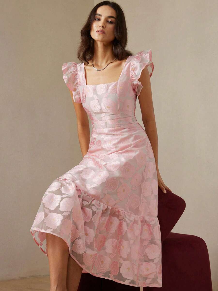 Aveloria Rosie New Arrival Elegant Cap Sleeve Rose Jacquard Sleeveless Dress - Pink - View 1
