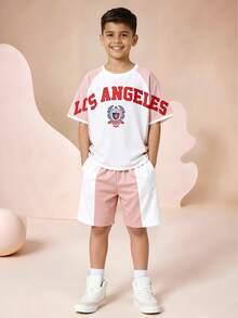2pcs Tween Boy Casual Sportswear Set,White And Red Color-Blocked Patchwork Letter Print Short-Sleeved Shirt&Basketball Shorts,Summer Back-To-School - Multicolor - View 4