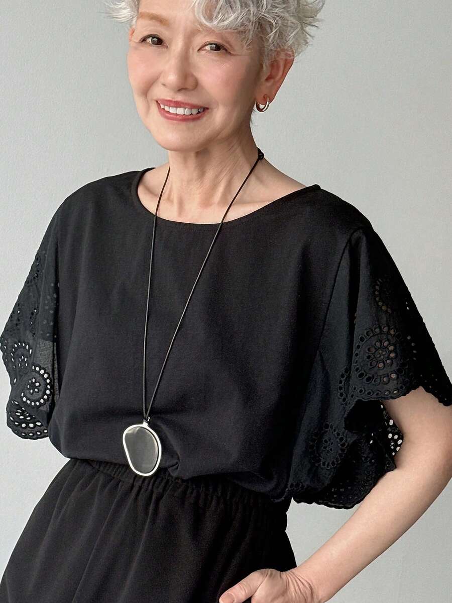 FRIFUL 女士圆领蕾丝刺绣宽松短袖T恤 夏季 - 黑色 - 查看 1