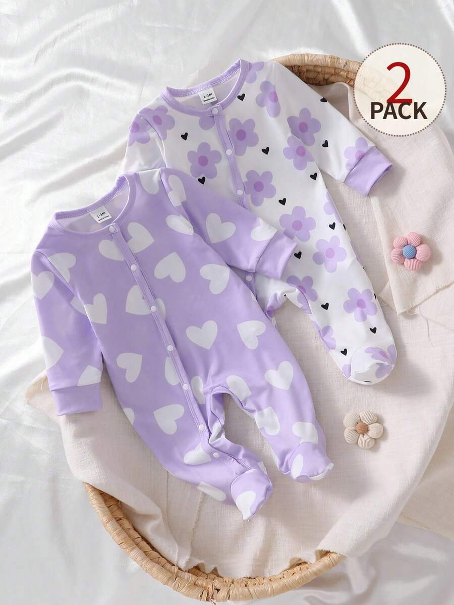 Bộ 2 món đồ ngủ liền thân họa tiết hoa nhí mềm mại cho trẻ sơ sinh, tay dài. - Màu tím - Xem 1