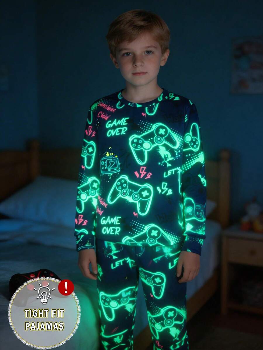 Men's Neon Glow-In-The-Dark Cartoon Gaming Theme Sleepwear Set, Long Sleeve Top And Pants, Requires UV Light To Glow - Multicolor - View 1