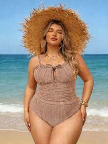 Swim Lushoire 2026 春季大码女式浅咖啡色吊带背心上衣，侧边抽绳设计，搭配高腰裤，修身两件套泳衣，适合日常穿着 - 咖啡棕 - 查看 5