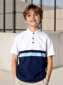 Vacaura 男童休闲简约拼接立领 Polo 衫一件装，面料舒适，款式百搭，适合春、夏、秋季穿着。 - 藍白色 - 查看 1