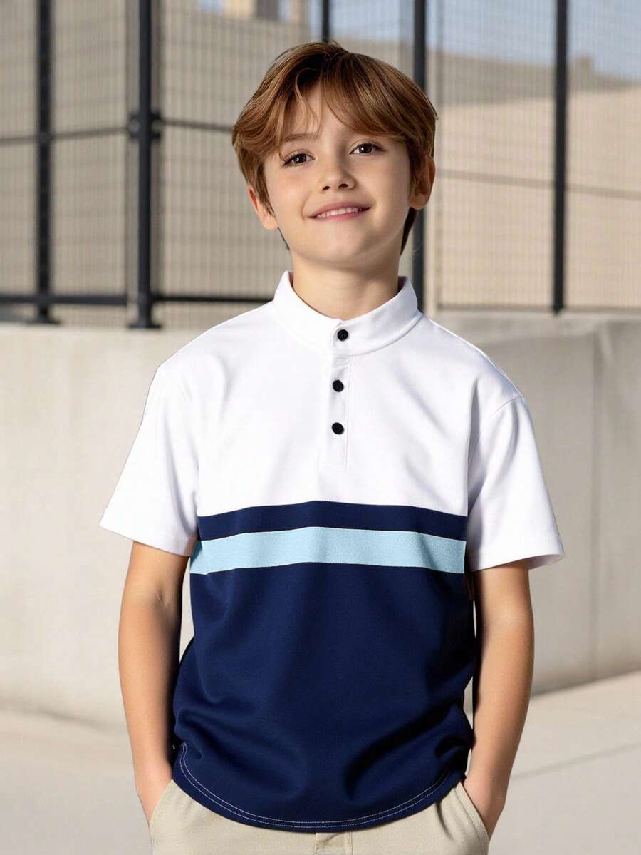 Vacaura 男童休闲简约拼接立领 Polo 衫一件装，面料舒适，款式百搭，适合春、夏、秋季穿着。 - 藍白色 - 查看 1