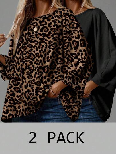 EMERY ROSE Conjunto de 2 piezas de camisetas básicas casuales y sencillas para mujer, apropiadas para primavera y verano con camisetas holgadas; Conjunto de camisas para mujer, Conjunto de 2 piezas de tops, Estampado de leopardo + Negro sólido.