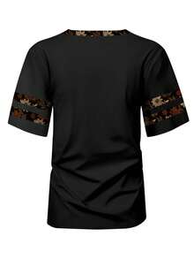 EMERY ROSE Women's Botanical Print Minimalist V-Neck Short Sleeve T-Shirt, Casual Daily Wear - Multicolor - View 2