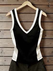 SHEIN Débardeur décontracté femme à col V profond contrasté, top élégant et confortable à col V, convient pour un port quotidien - Multicolore - Voir 2