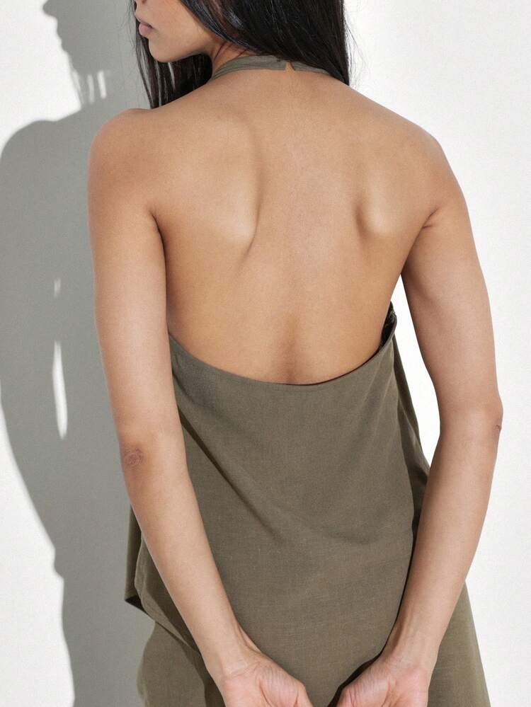 KSTM Top asimétrico con cuello halter, silueta drapeada y diseño de espalda abierta en color oliva para ocasiones de verano