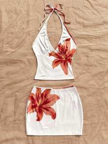 Soleia 女士沙滩度假印花吊带上衣和迷你裙两件套 - 紅色 - 查看 5