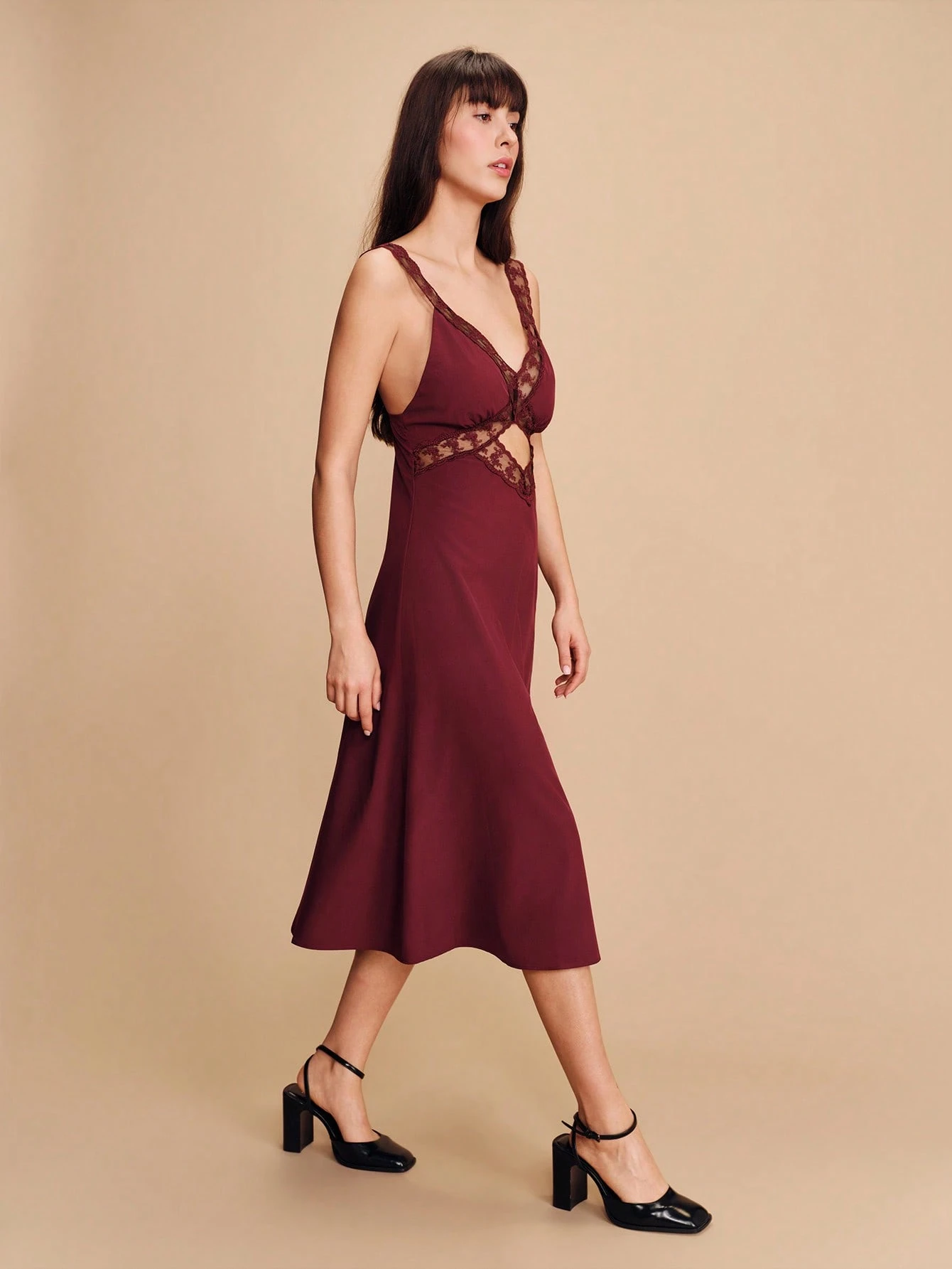 Burgundy Fitted Midi Dress With Lace Trim V Neckline Front Cut Out Detail Sleeveless Design And Elegant Silhouette Romantic Evening Dress French Style Parisian Style Vacation Outfit