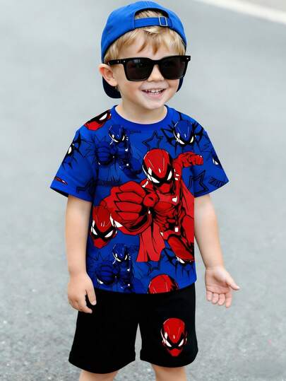 Young Boy Casual Comfortable Cool Spider Cartoon Pattern Short Sleeve Shorts Set, Fashion Versatile, Spring/Summer, Summer New Style, Boy Outfit, Suitable For Photography, Daily Wear, Home, Holiday, Gift